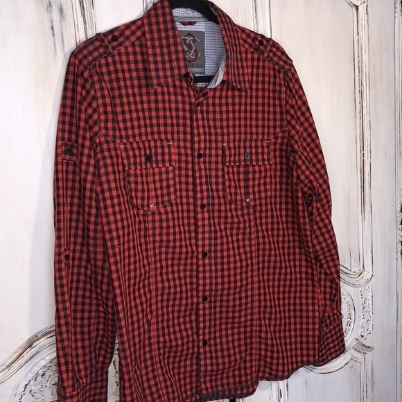 Men’s Sovereign CODE  Black and Red Gingham Top Stitching Detailing Button Down - Picture 2 of 13